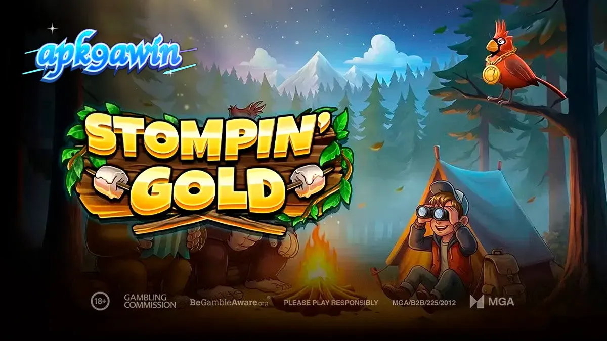 Tampilan visual slot Stompin Gold dengan karakter Bigfoot yang lucu dan latar belakang hutan berkabut.